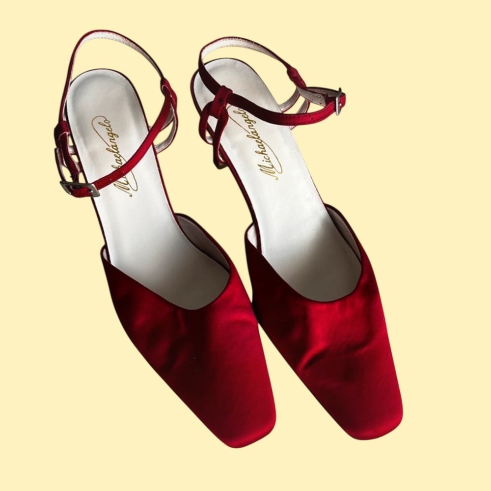 Michaelangelo Red Satin Pointed Toe Slingback Heels 7.5M Gayle Vintage 90s Mod